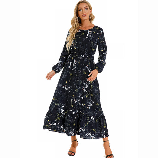 Bohemian Casual Maxi Dress for Moms | Full Sleeve High Waist Mama Beach Chiffon Floral Dress | Can Mama