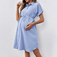 Striped Button-Down Maternity Dress for Moms | Summer Short Sleeve Mama Casual Pregnancy Shirt Dress | Can Mama