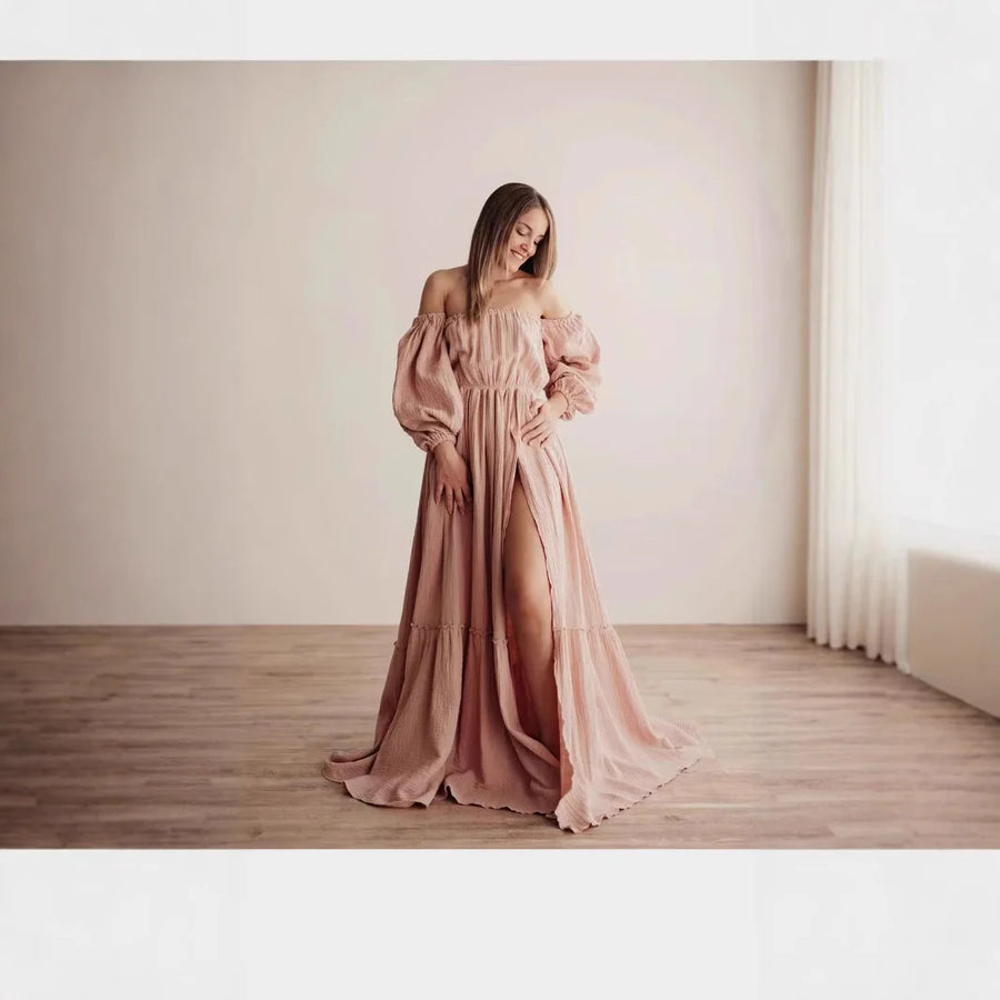 Off-Shoulder Maternity Photoshoot Dress for Moms | Puff Sleeve Mama Pregnancy Gown | Can Mama