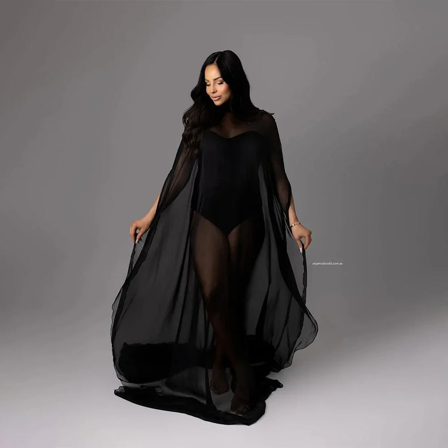 Black Chiffon Cape Maternity Dress for Moms | Elegant Mama Baby Shower Photography Maxi Dress | Can Mama