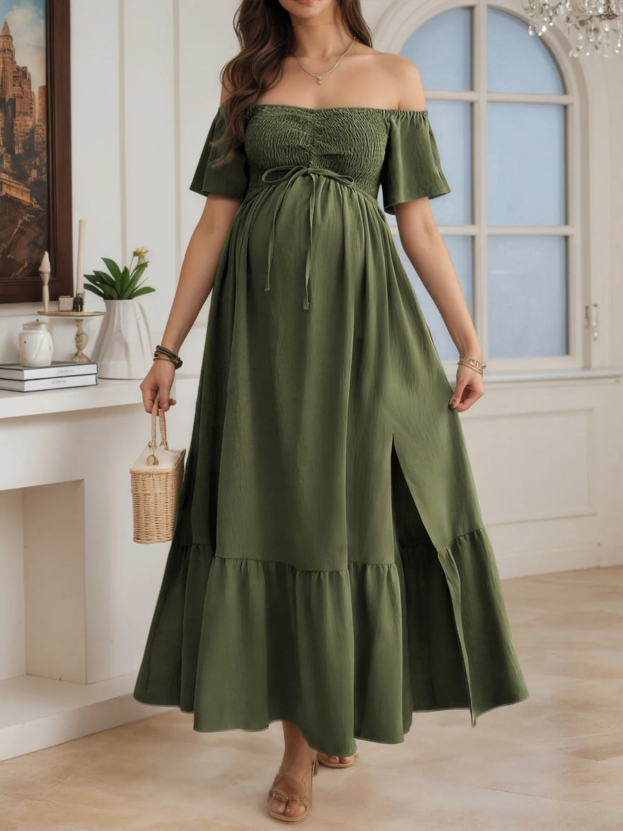 Casual Solid Maternity Maxi Dress for Moms | Off-Shoulder Drawstring High Waist Mama Party Dress | Can Mama