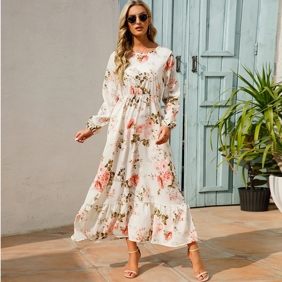 Bohemian Casual Maxi Dress for Moms | Full Sleeve High Waist Mama Beach Chiffon Floral Dress | Can Mama