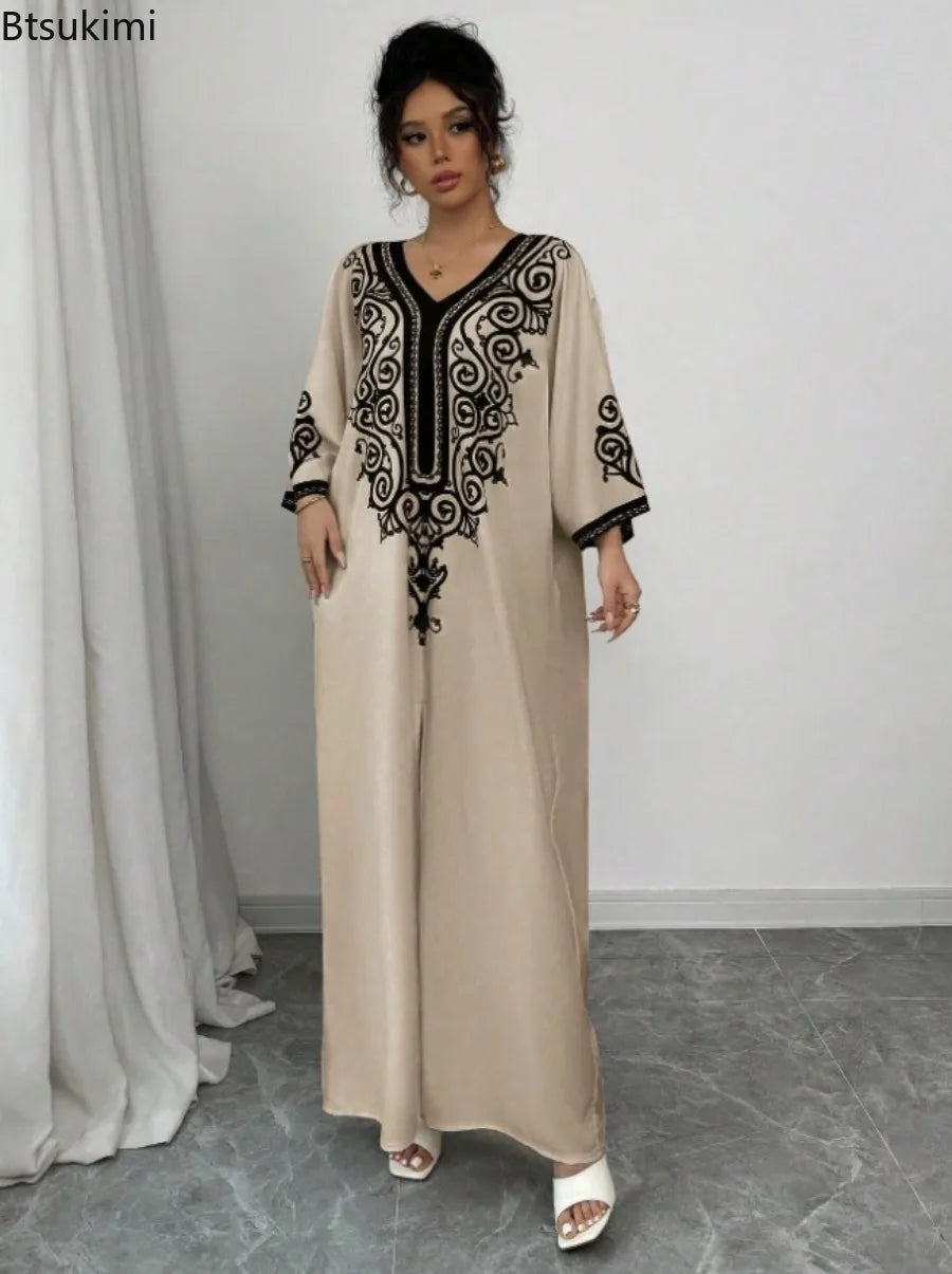Muslim Maxi Dress for Moms | V-Neck Loose Robe Mama Ramadan Elegant Kaftan Abaya Dress | Can Mama