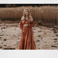 Off-Shoulder Maternity Photoshoot Dress for Moms | Puff Sleeve Mama Pregnancy Gown | Can Mama