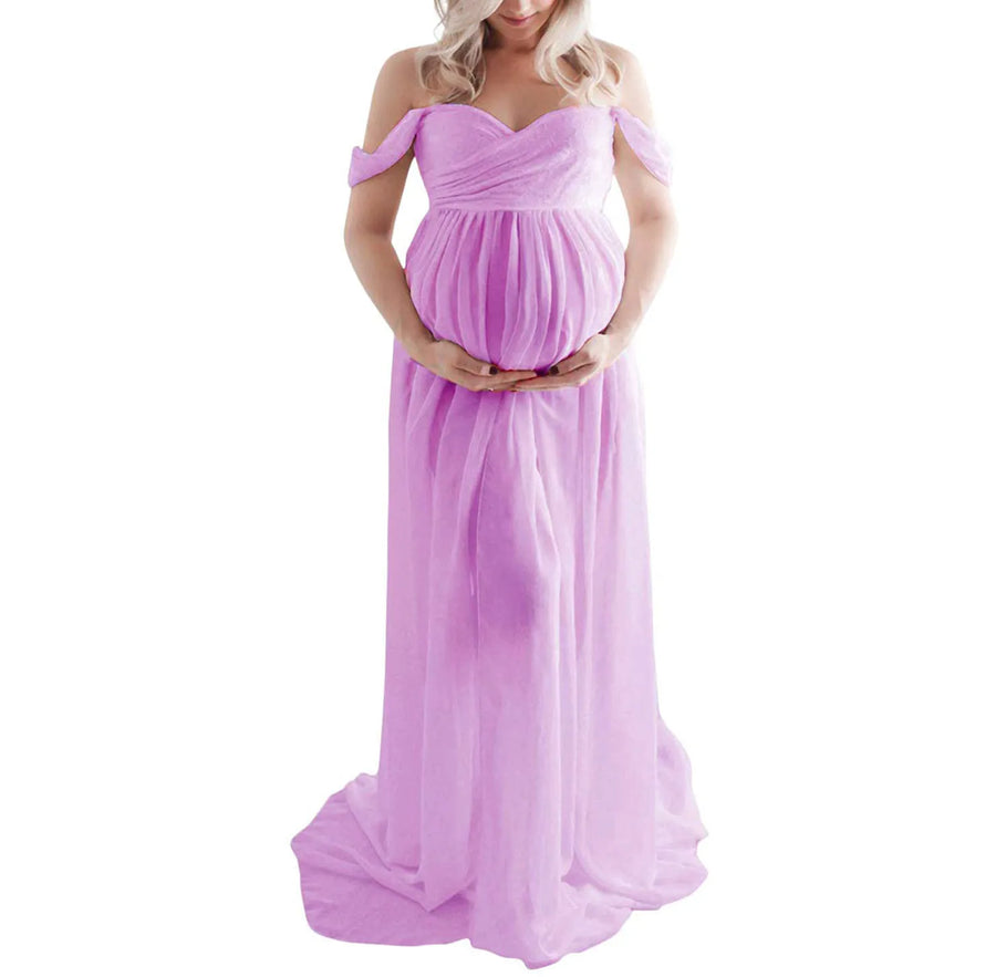 Off-Shoulder Short Sleeve Maternity Photoshoot Dress for Moms | Mama Pregnancy Photo Dress | Can Mama