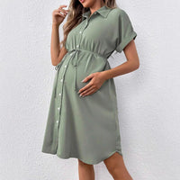 Striped Button-Down Maternity Dress for Moms | Summer Short Sleeve Mama Casual Pregnancy Shirt Dress | Can Mama