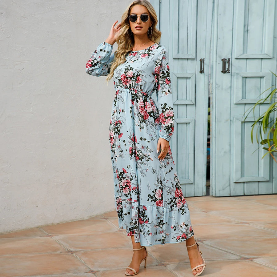 Bohemian Casual Maxi Dress for Moms | Full Sleeve High Waist Mama Beach Chiffon Floral Dress | Can Mama
