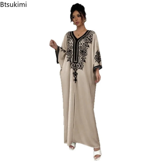 Muslim Maxi Dress for Moms | V-Neck Loose Robe Mama Ramadan Elegant Kaftan Abaya Dress | Can Mama
