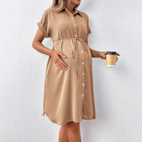 Striped Button-Down Maternity Dress for Moms | Summer Short Sleeve Mama Casual Pregnancy Shirt Dress | Can Mama