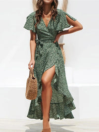 Floral Chiffon Beach Maxi Dress for Moms | Boho Ruffles Wrap V-Neck Mama Summer Party Dress | Can Mama