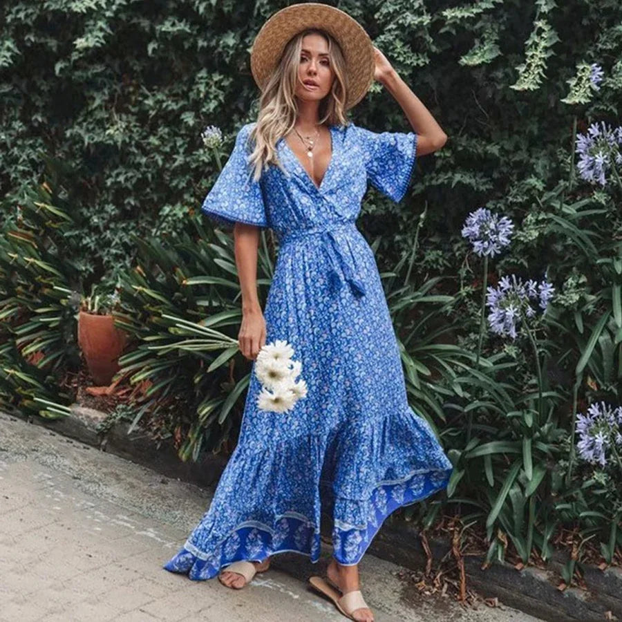 Floral Print Boho Maxi Dress for Moms | Cotton Deep V-Neck Loose Mama Summer Hippie Dress | Can Mama