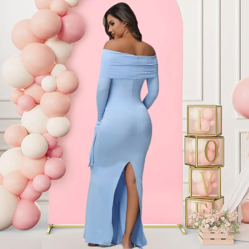 Off-Shoulder Bodycon Maternity Gown for Moms | Long Sleeve Mama Baby Shower Maxi Dress | Can Mama