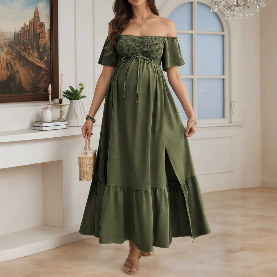 Casual Solid Maternity Maxi Dress for Moms | Off-Shoulder Drawstring High Waist Mama Party Dress | Can Mama
