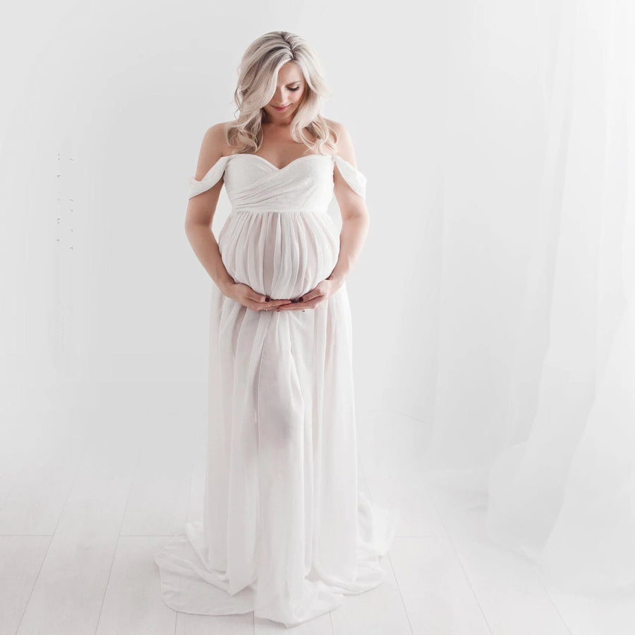 Off-Shoulder Short Sleeve Maternity Photoshoot Dress for Moms | Mama Pregnancy Photo Dress | Can Mama