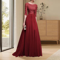 Lace Embroidered Maxi Evening Dress for Moms | Elegant Round Neck Half Sleeve Mama Floor Length Dress | Can Mama