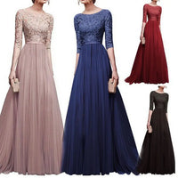 Lace Embroidered Maxi Evening Dress for Moms | Elegant Round Neck Half Sleeve Mama Floor Length Dress | Can Mama