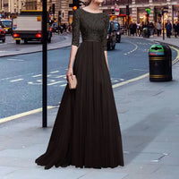Lace Embroidered Maxi Evening Dress for Moms | Elegant Round Neck Half Sleeve Mama Floor Length Dress | Can Mama