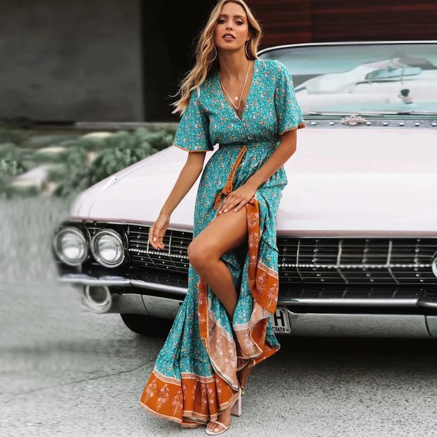 Floral Print Boho Maxi Dress for Moms | Cotton Deep V-Neck Loose Mama Summer Hippie Dress | Can Mama